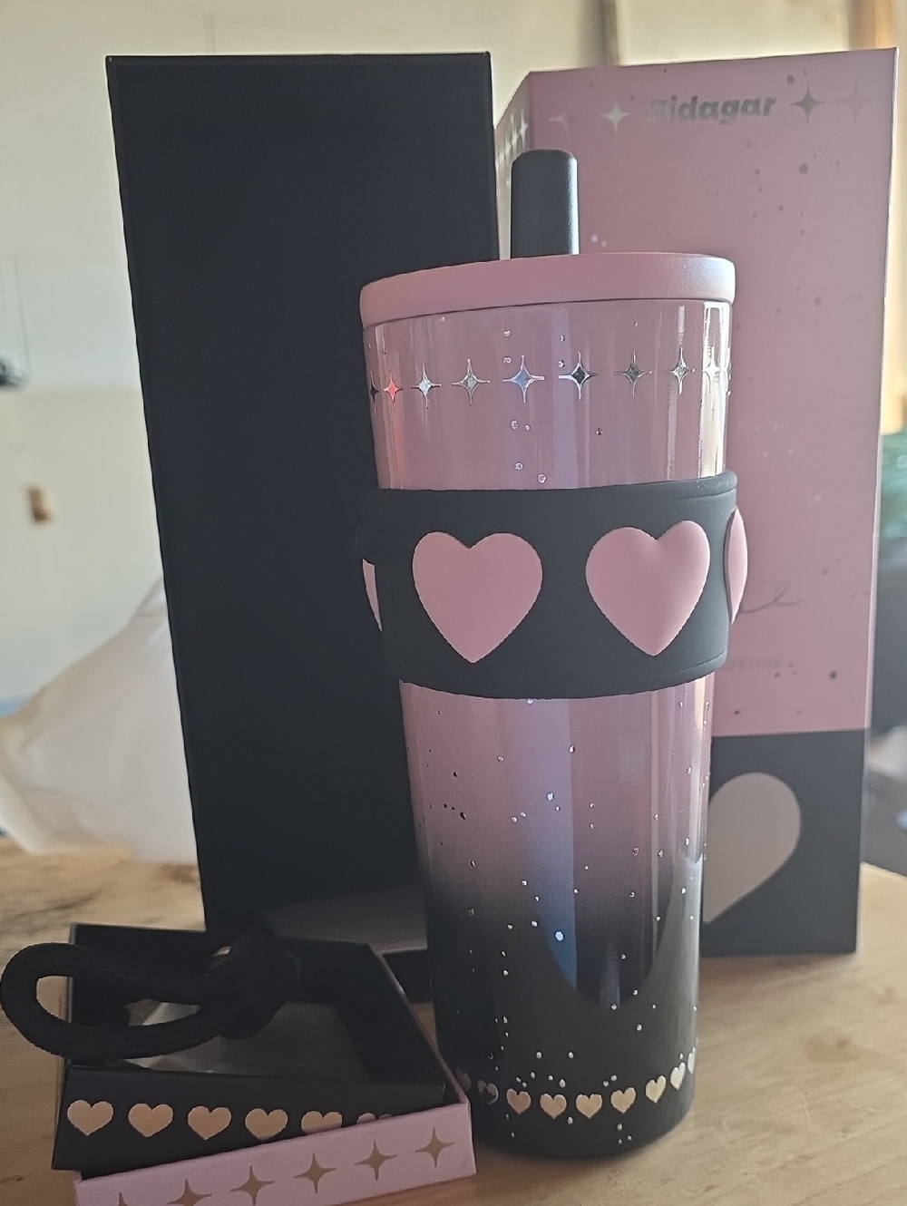 Pink Sidagar Ombre Travel Tumbler with Heart Sleeve & Charm